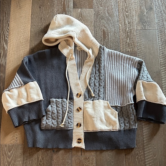 POL Sweaters - POL Hooded Patchwork Cardigan - Gray and Cream